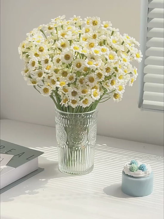 Artificial Daisy & Chamomile Arrangement with glass vase